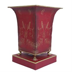 19th century toleware vase, painted foliage and corn upon a red ground, on four paw feet and a square plinth base, H36cm