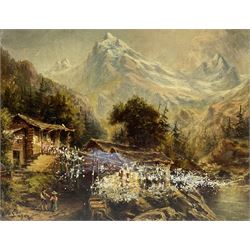A Slager (Continental  19th century): Alpine Lake and Mountain scenes, pair oils on mahogany panel signed 18cm x 23cm (2)