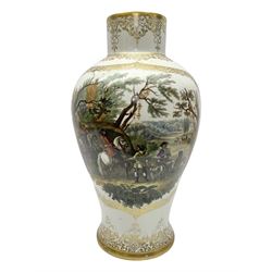 Large vase of baluster form, decorated with panels depicting hunting scenes  surrounded by gilt detail, H54cm