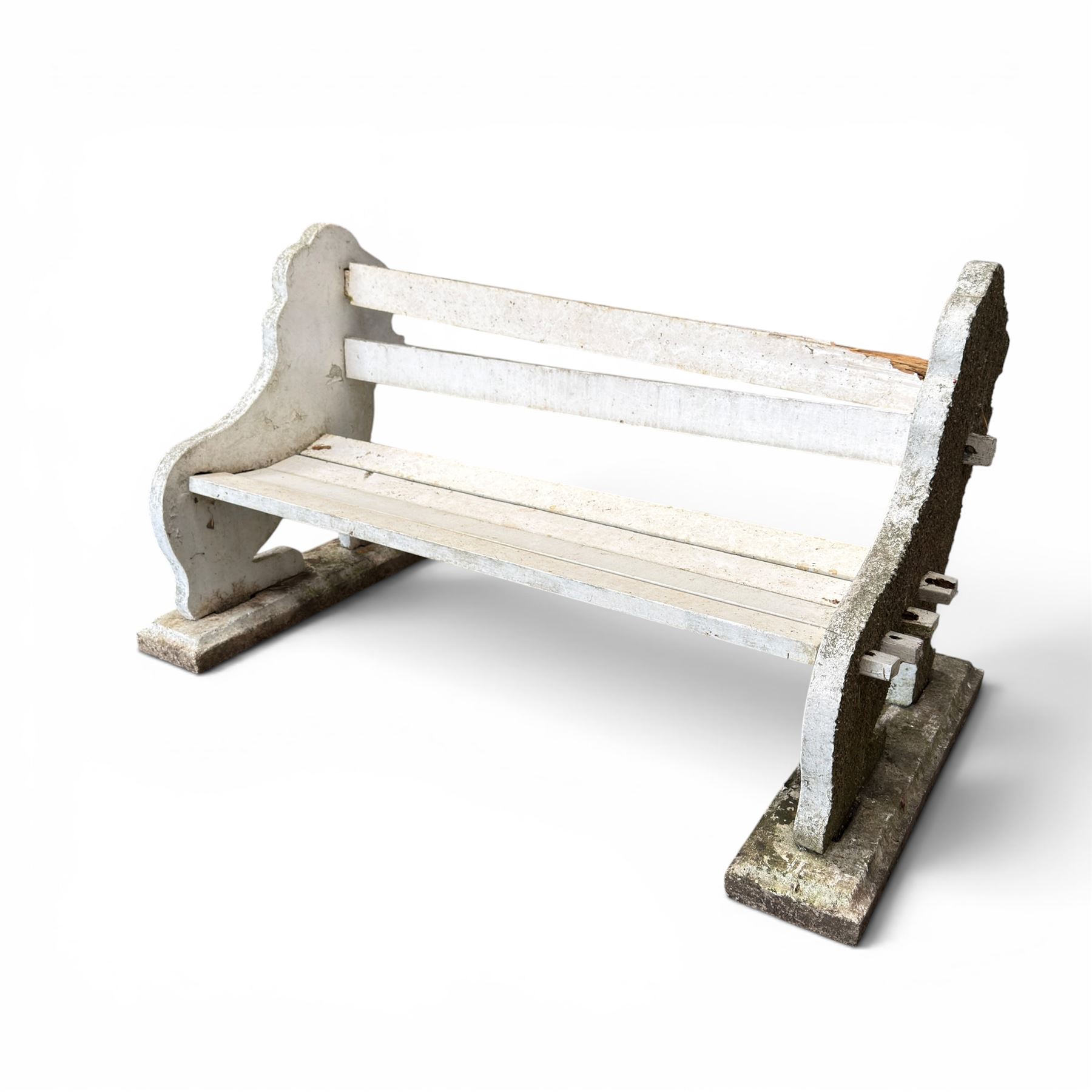 Composite stone white painted garden lion bench, the end supports in the form of standing lions, with pegged back and seat slats