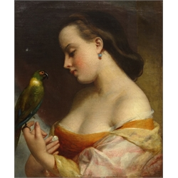  Continental School (19th Century): Girl with a Parrot, oil on canvas unsigned 60cm x 50cm  