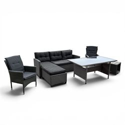 Jutlandia - Rattan garden furniture set with cushions, corner sofa, rectangular glass top table, side table, and two armchairs