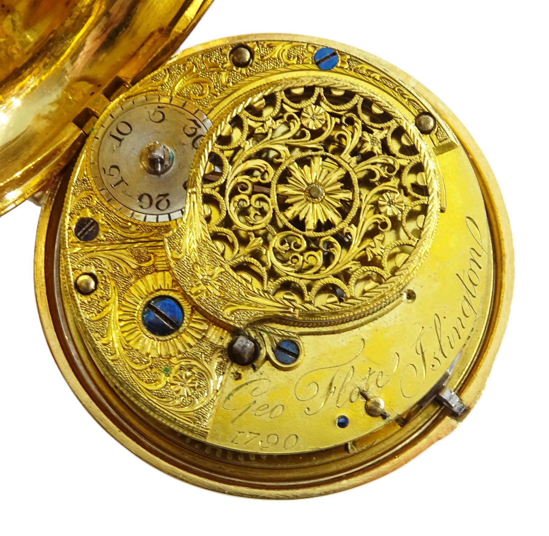 George III gilt pair cased verge fusee pocket watch by George Flote, Islington London, No. 1790, round baluster pillars, pierced and engraved cock balance, white enamel dial with Roman numerals, bull's eye glass, case makers mark I.N, with a fabric watchpaper embroidered with 'Oft let us meet in thought'