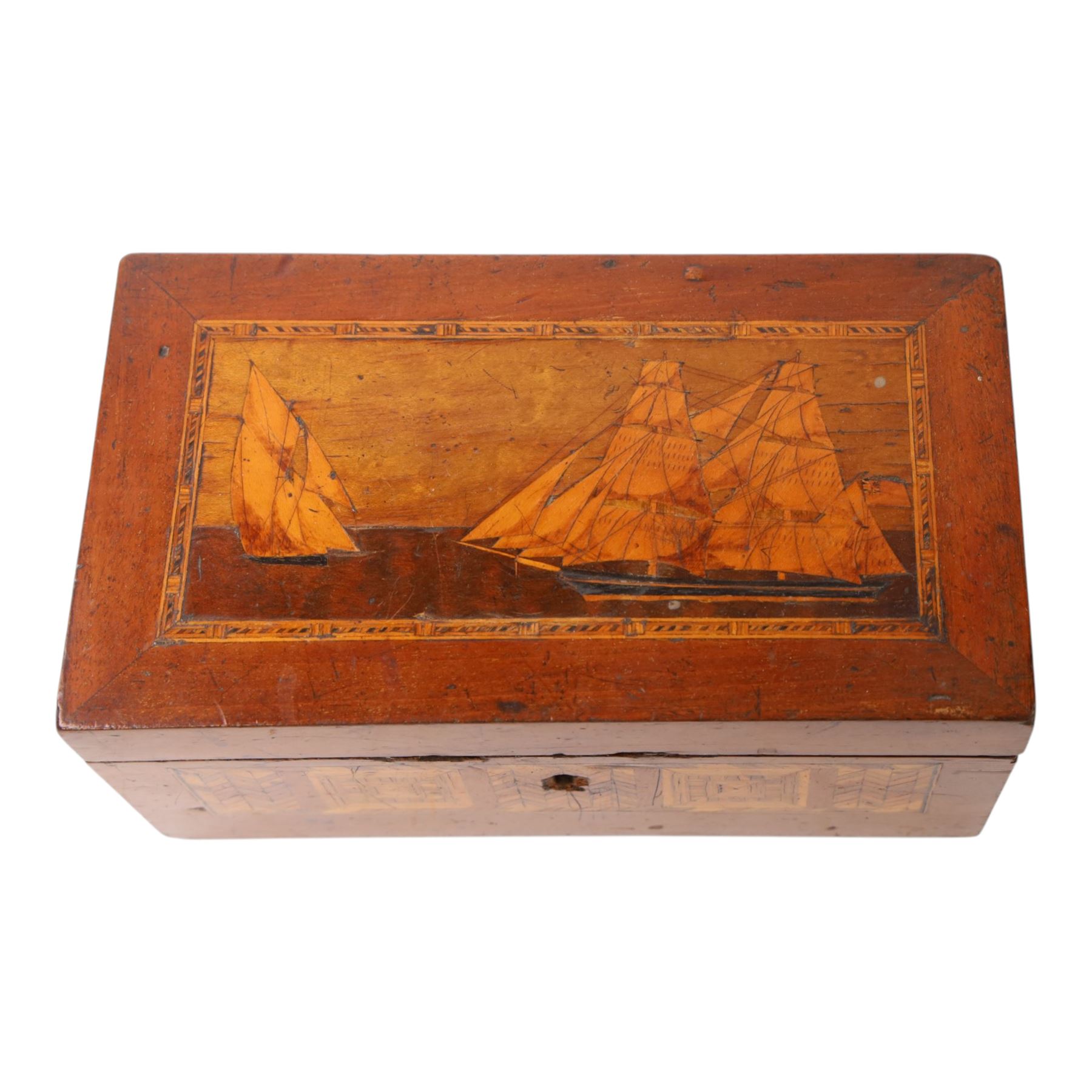 19th century satin wood marquetry inlaid correspondents box, the lid with inlaid three-masted sailing ship, opening to fitted compartments,  H1cm, L21cm, D12cm