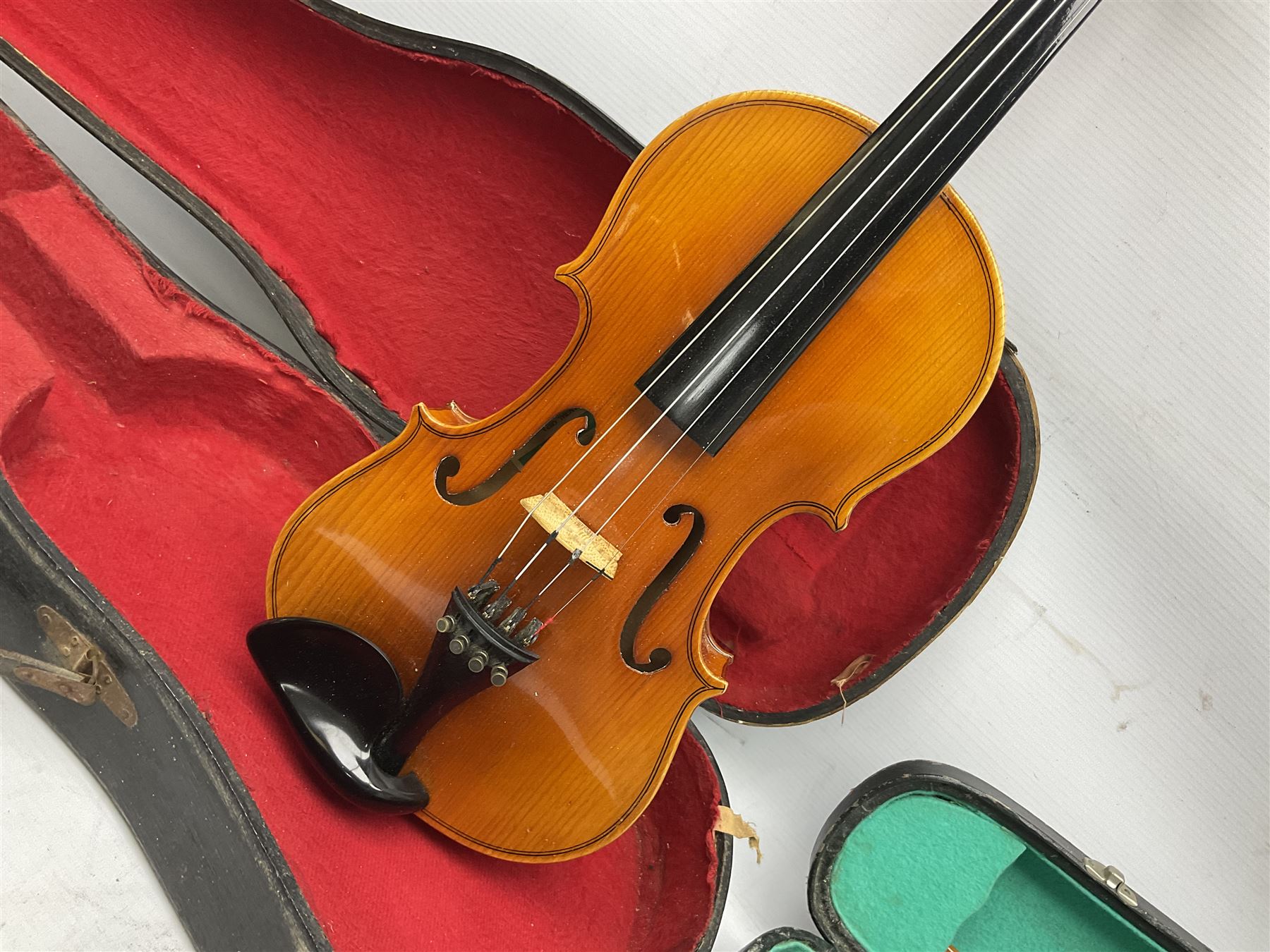 French violin for restoration with 36cm two-piece maple back and ribs and spruce top, bears label 'Lutherie Artistique M. Couturieux'; in wooden case; two modern three-quarter size violins in cases; and five violins for spares or repair