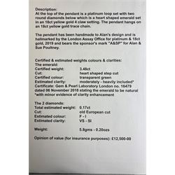 18ct and platinum emerald and diamond pendant necklace, the single heart cut emerald of 3.48 carat, the bail set with two old cut diamonds, London 2019, on an 18ct gold trace link chain necklace, with Alan Poultney Gems report, the emerald with The Gem & Pearl Laboratory report