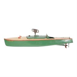 Two tinplate clockwork speedboats, comprising Meccano Hornby Speedboat no. 3 'Curlew', with key and Sutcliffe 'Racer 1'
