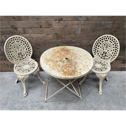 Circular cast aluminium garden table (D74cm, H68cm), and two chairs