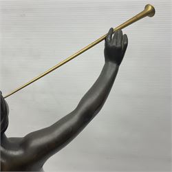 After Eugen Schlipf, Fanfair, bronzed female figure playing two horns, upon a circular marble plinth, H57cm