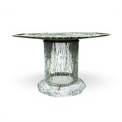 Two French early 20th century painted wicker octagonal garden tables, circular pedestals with parasol opening; with matching side table (3)