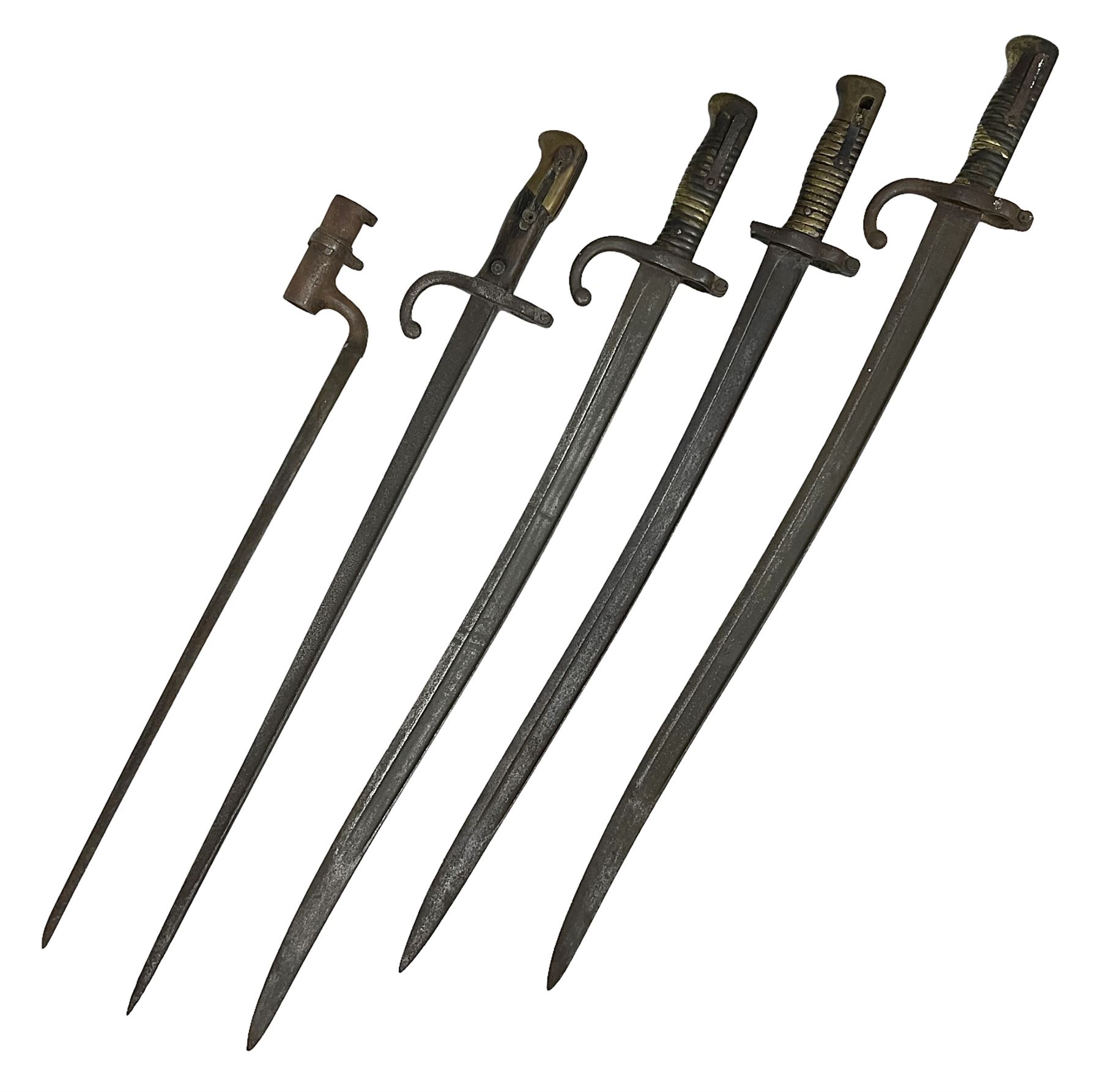 Five 19th century bayonets in relic condition without scabbards comprising British Pattern 1876 socket bayonet with Indian markings; French Model 1874 epee bayonet; and three French Model 1866 sabre bayonets (5)