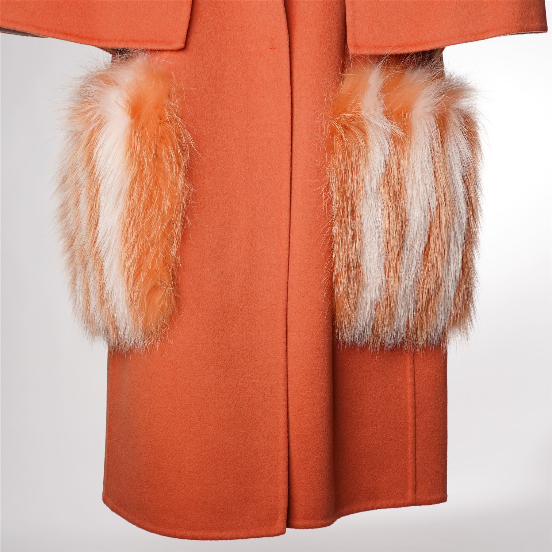 Fendi Roma - wool cape coat in 'Cayenne' orange peach, with concealed front fastening and short flared cape sleeves, applied with dyed arctic fox fur patch pockets, size 40, unused with original tags
