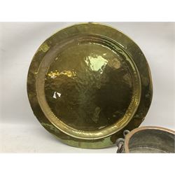 Copper pot with twin iron handles, large heavy planished brass charger and brass crocodile tray, charger D59cm
