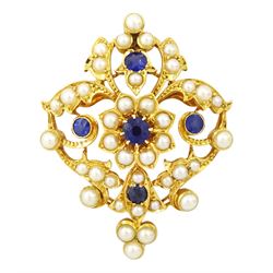 Victorian 15ct gold sapphire and split pearl pendant / brooch, the central flower head clu...