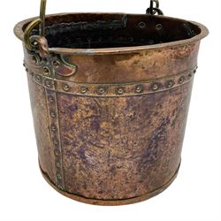 19th century riveted copper and brass mounted coal bucket of cylindrical form 