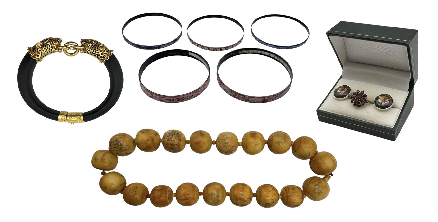 Collection of jewellery, including bone necklace, silver-gilt garnet ring, enamel fox cufflinks, Michaela Frey bracelets, etc