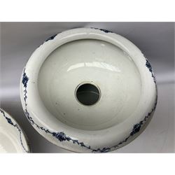 Victorian Empire blue and white transfer printed slop bucket with lid, H28cm excl handle, wash jug and bowl set with toothbrush holder, soap dish and drainer etc
