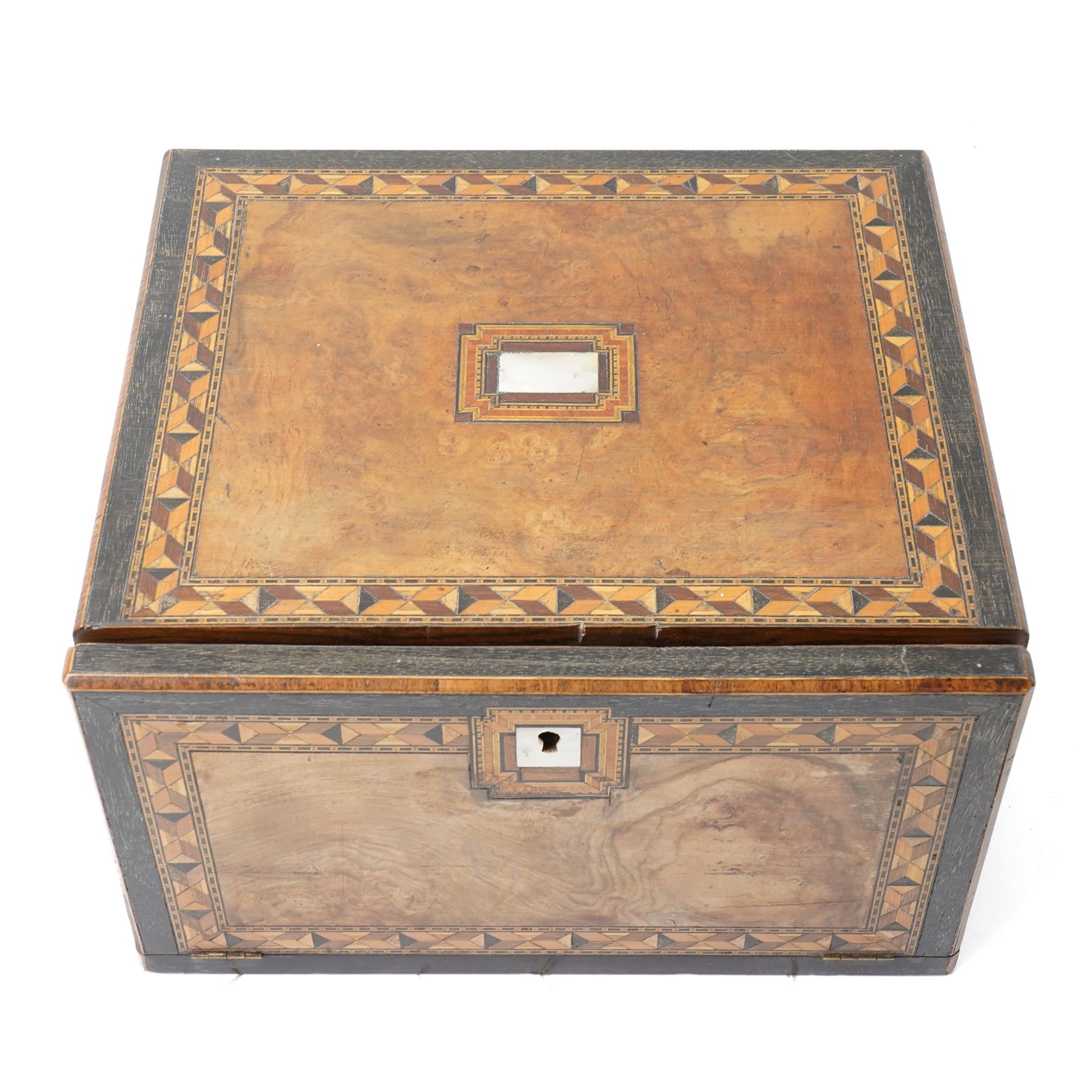 Victorian walnut writing/needlework box with parquetry banding and mother of pearl escutcheon and key plate, hinged lid with fitted interior and fall front with writing surface and two small drawers 