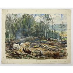 Frederic Stuart Richardson (Staithes Group 1855-1934): 'Hauling Timber above Gatcombe - Long Ashton' Somerset, set three watercolours signed in the margin, titled verso 21cm x 29cm (3) (mounted)