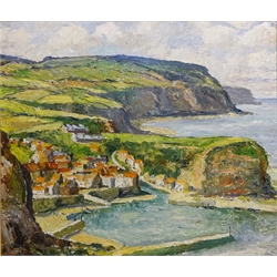  Staithes from the Cliffs, oil on board signed by Ken Johnson, titled verso 56cm x 66cm  