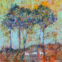 Ann Lamb (British 1955-): Wandering Deer, mixed media on canvas signed 30cm x 30cm (unframed)