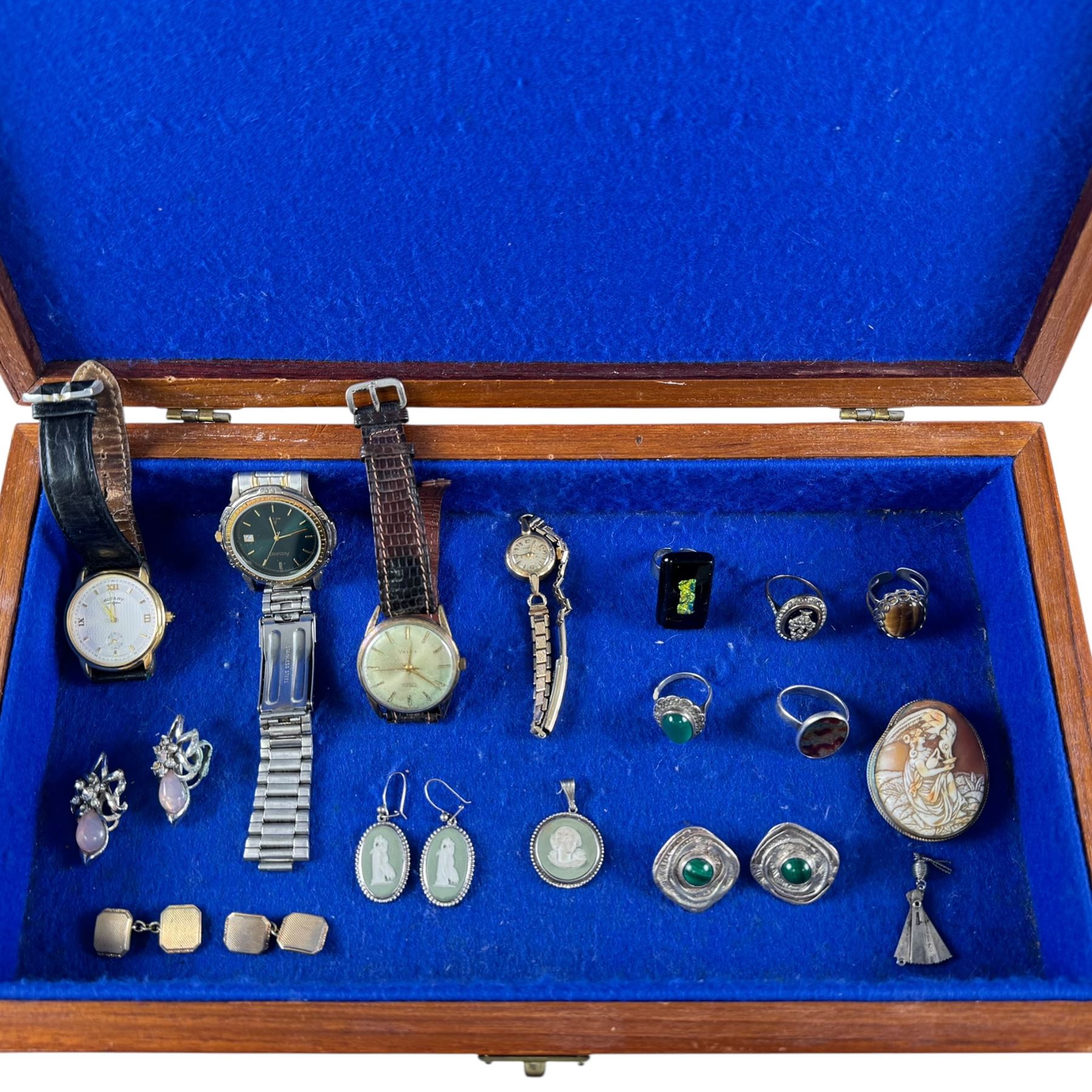 Victorian 15ct gold and enamel locket converted to a brooch, 9ct gold and silver paste ring, silver jewellery including chain and moss agate ring and a collection of costume jewellery
