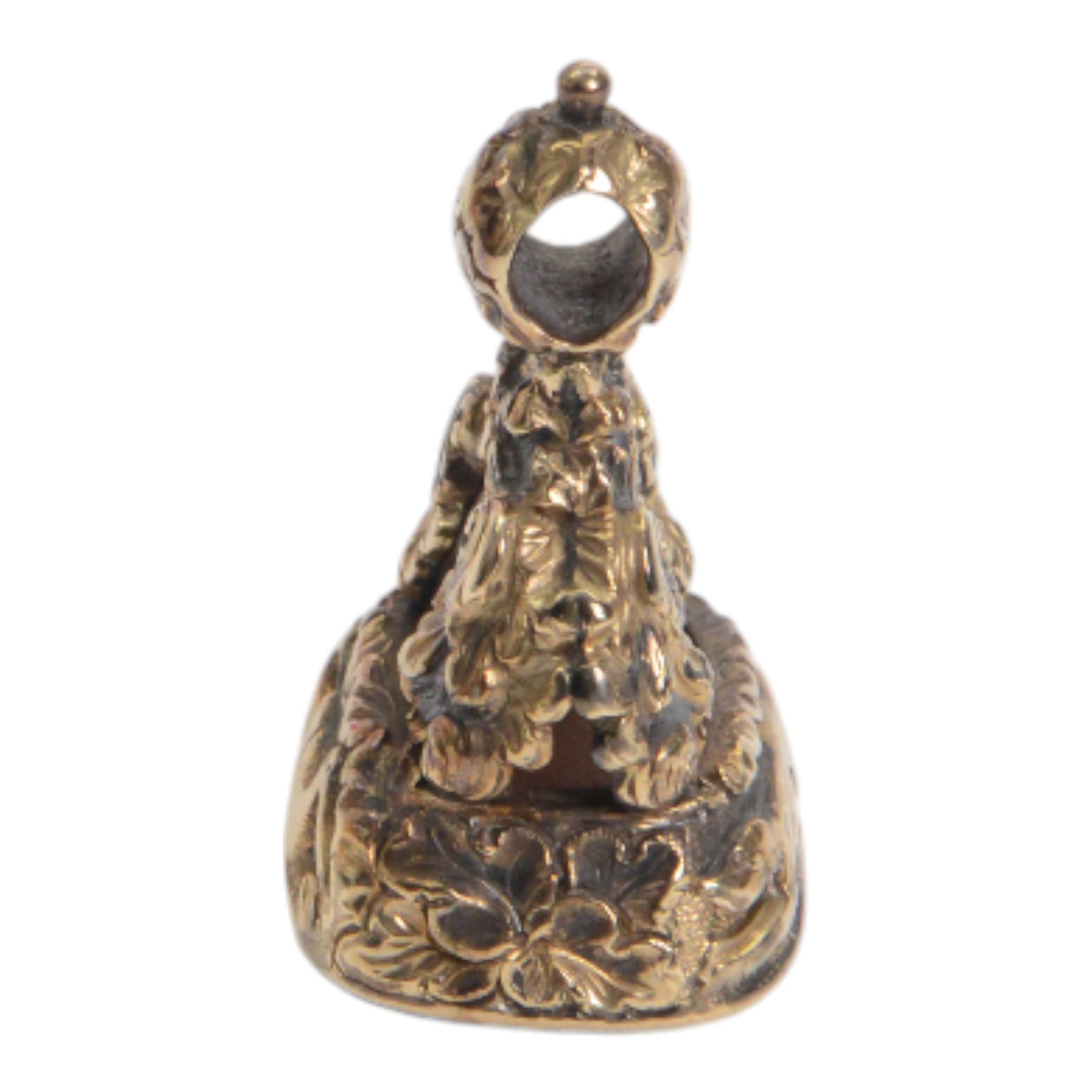 Late 18th/early 19th century 12ct gold fob seal, the carnelian matrix engraved with the Chichester family coat of arms, depicting a chequy shield beneath a crest of a heron with an eel in its beak, within a scrolling foliate mount, the sides detailed with a hound in chase and birds, H3cm

Provenance: By family descent from the Chichesters of Arlington Court, Devon; from the collection of Andrew Chichester Everitt.
