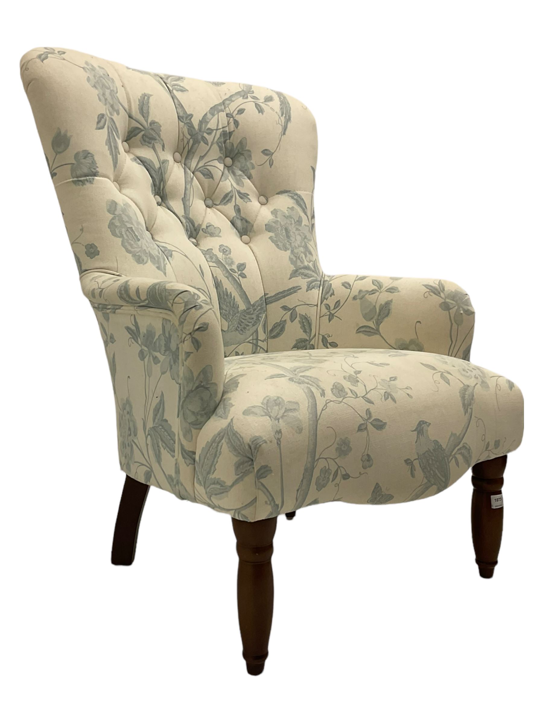 Victorian style bedroom chair, upholstered in light fabric decorated with birds and foliate, turned front feet