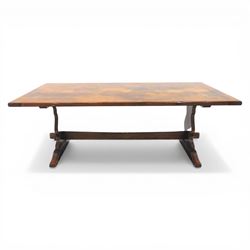 Carolean revival oak dining table and eight chairs (7+1), refectory table with rectangular boarded top and cleated ends, raised on shaped trestle end supports with central stretcher, accompanied by eight high-back chairs including a carver, leather upholstered panels and seats with studwork, on turned legs with stretchers.