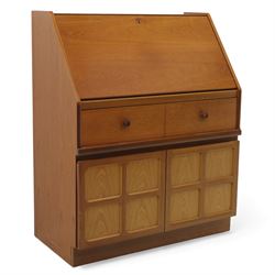 Parker Knoll - teak bureau, sloped fall front enclosing fitted interior, over two short dr...