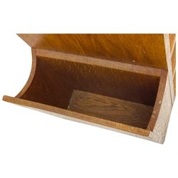 Craftsman made oak magazine table or HI-FI stand, moulded rectangular top over four shelves, flanked by two projecting holders