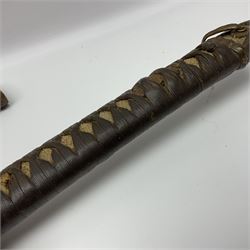 WW2 Japanese Army officer's shin gunto/katana sword with 68.5cm steel single edged blade, foliate cast brass tsuba, bound fish-skin grip with brass mounts, inscribed marks to both sides of tang; in lacquered wooden scabbard with brass mounts and locking button L97cm overall