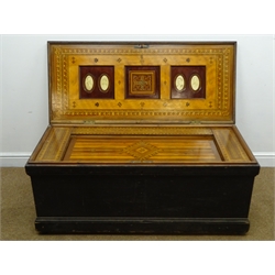  Outstanding Victorian Sea Captains oak box, hinged lid with four oval portrait photographs, the interior with Tunbridge ware and specimen wood covers and compartments, W126cm, H53cm, D55cm  