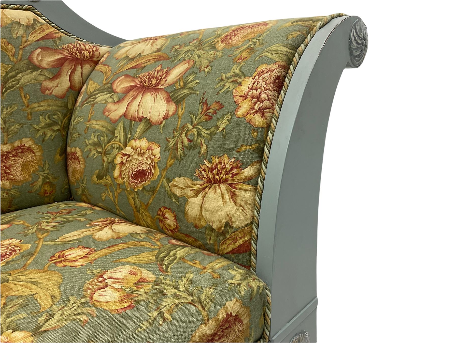 French empire style settee upholstered in 'Leighton' by Margarita Cushing floral fabric, grey painted and gilt frame