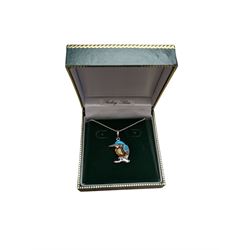 Silver turquoise and Baltic amber kingfisher pendant necklace, stamped 925, boxed
