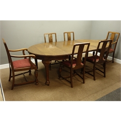  Early 20th century oak oval extending dining table with additional two leaves on cabriole legs W235cm max, H73cm, D114cm, and a set of six dining chairs (7)  