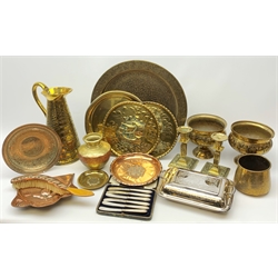 A collection of metal ware, to include a cased set of six silver knives, hallmarked Frank Cobb & Co Ltd, Sheffield 192, a pair of Niello brass pedestal bowls, and Niello brass tray, an Art Nouveau copper crumb tray and brush, marked JS&SB, etc. 