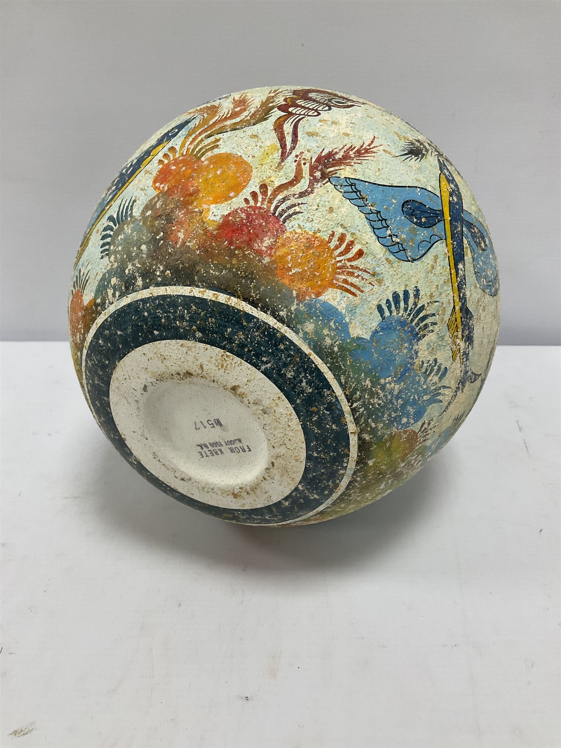 Reproduction Ancient Greek twin handled vase of ovoid form, in the style of Crete Minoan period 1500 B.C, adorned with colourful sea scene of coral and blue fish upon light blue ground, stamped 'From Krete' beneath, H27cm
