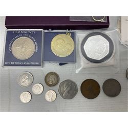 Coins and sets, including Great Britain and Northern Ireland 1970 proof coin collection in card folder, Queen Elizabeth II 2021 'Through the Looking Glass' five pounds, 2021 'Winnie the Pooh' fifty pence, Queen Victoria 1887 halfcrown, King George V 1914 halfcrown, commemorative coins, The Royal Mint Solomon Islands 2003 twenty-five dollars silver proof coin cased with certificate, 9ct gold half sovereign mount etc