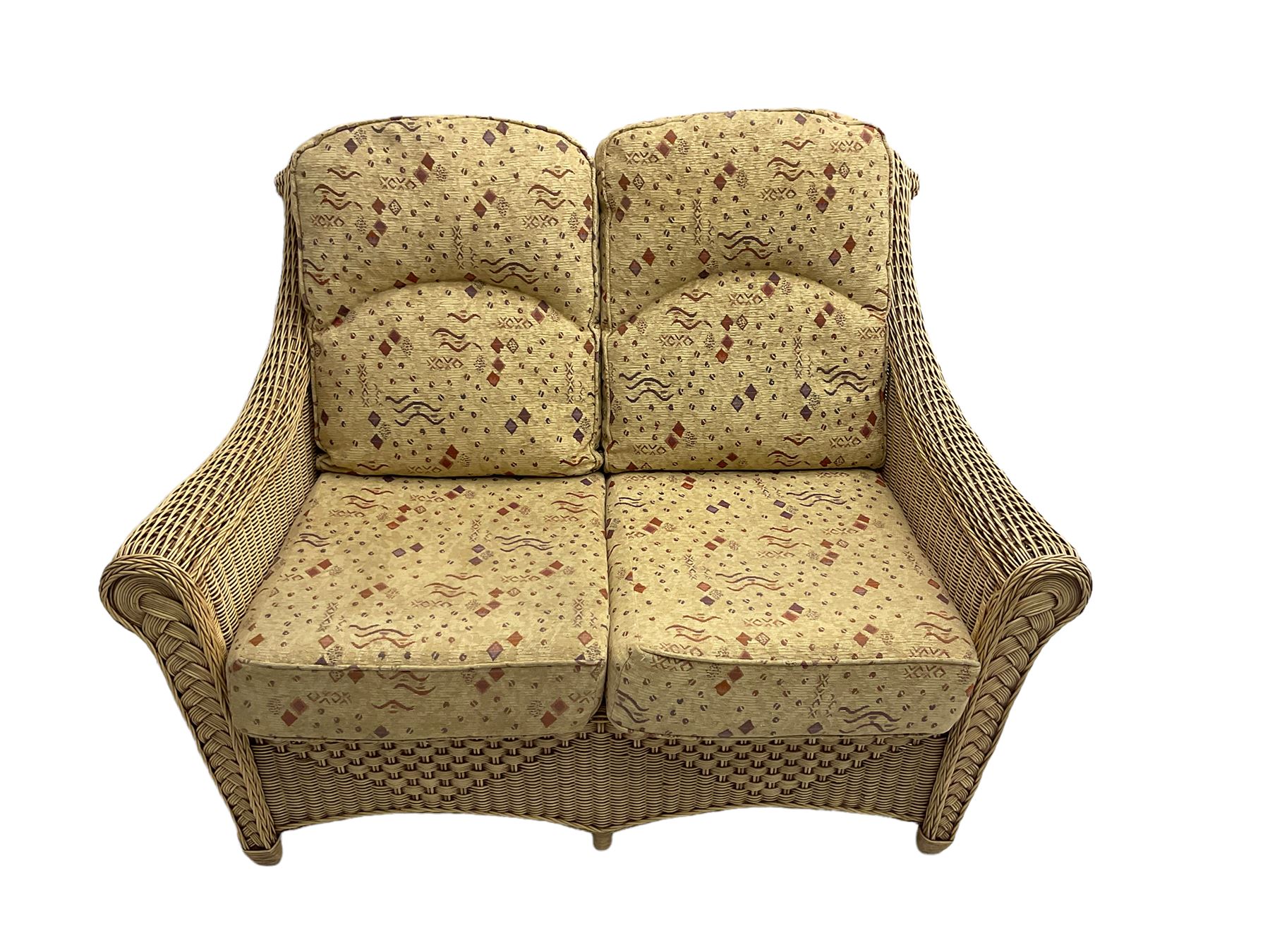 Four piece cane conservatory suite - two seat sofa (W130cm), pair of armchairs (W85cm), and coffee table (85cm x 60cm)