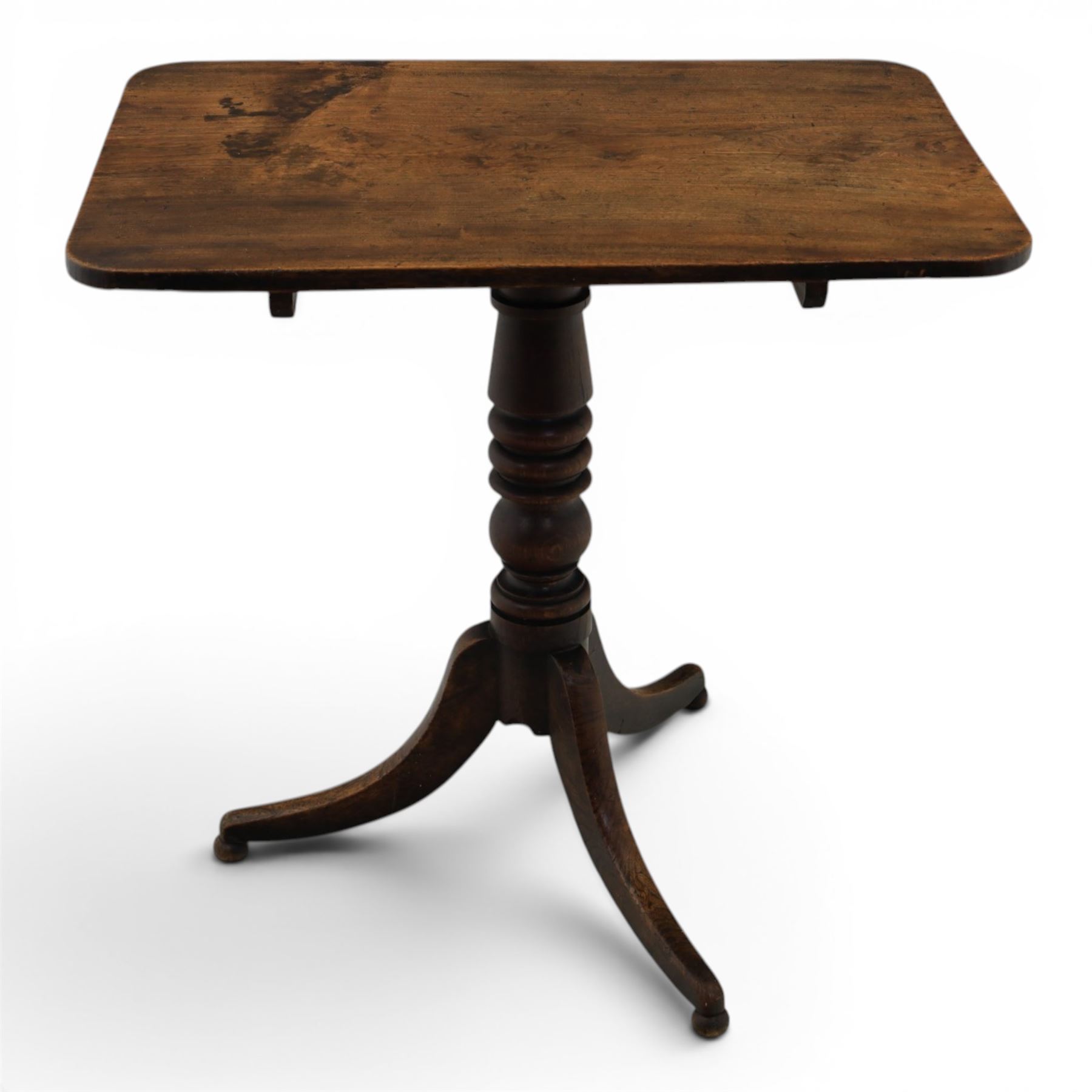 George III mahogany tripod table, rectangular tilt top, raised on a turned column, on splayed supports