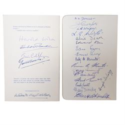 Two autograph books including sporting, entertainment and other autographs including Ricky Tomlinson, Steve Cram, Terence Stamp, members of Groove Armada, Geoffrey Boycott, JLS, Jimmy Carr etc over 120 signatures collected by G4 Security at Jersey Airport 2010-2012 and four menus with signatures of Harold Wilson, Jim Callaghan and other Labour Party politicians etc