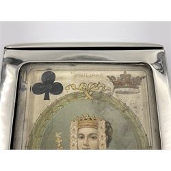 Edwardian silver mounted playing card case, hallmarked William Harrison Walter, Birmingham 1903, the sides each with a period playing card set behind a bevelled glass panel, the hinged cover with later engraving 'Presented to Norman T Crombie Esq by the officers & men of the 31st WR Detachment for services rendered 1917-1918', with red leather lined interior, the three compartments upon a sprung base and containing two later wooden Whist markers, case H12.5cm