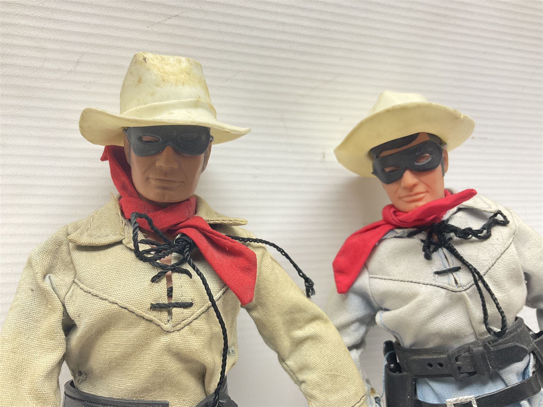 Two pairs of 1970s Lone Ranger and Tonto action figures, probably by Marx Toys; and Gabriel 'Silver' stallion horse; all unboxed (5)