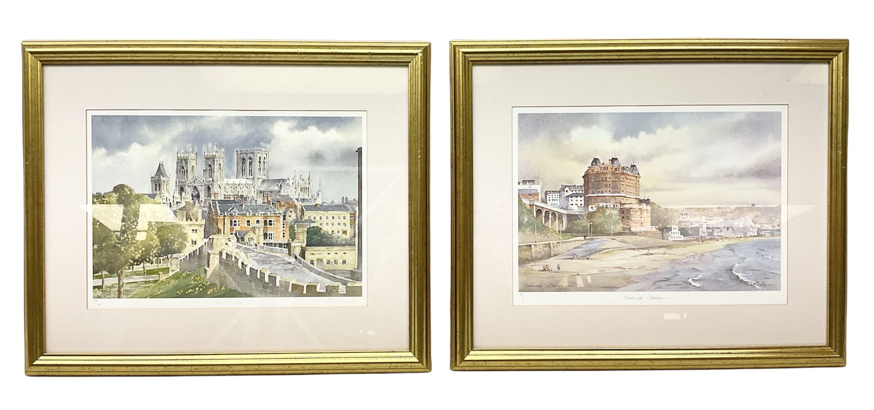 After Ken Burton (northern British 20th century); 'Scarborough Yorkshire' and 'York Minster', pair limited edition colour prints signed in pencil (2)