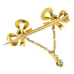 Edwardian 15ct gold turquoise and pearl double bow brooch, suspending a further turquoise and seed pearl, in velvet and silk lined case
