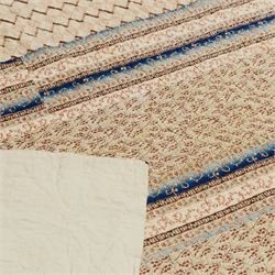 Handmade large patchwork quilt bedspread made up of individual squares of multi-coloured cottons and backed in a cream cotton, 243cm x 284cm 