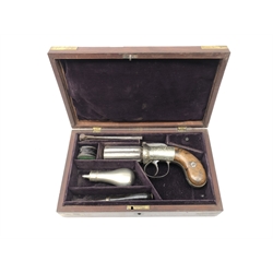  19th century six shot percussion Pepper box revolver with 7cm proofmarked barrels, action, hammer and trigger guard engraved with foliate scrolls, two piece figured walnut stock, L18cm, in original brass bound mahogany fitted case with bullet mould and ram rod, tool, flask and part tin of Eley caps,   