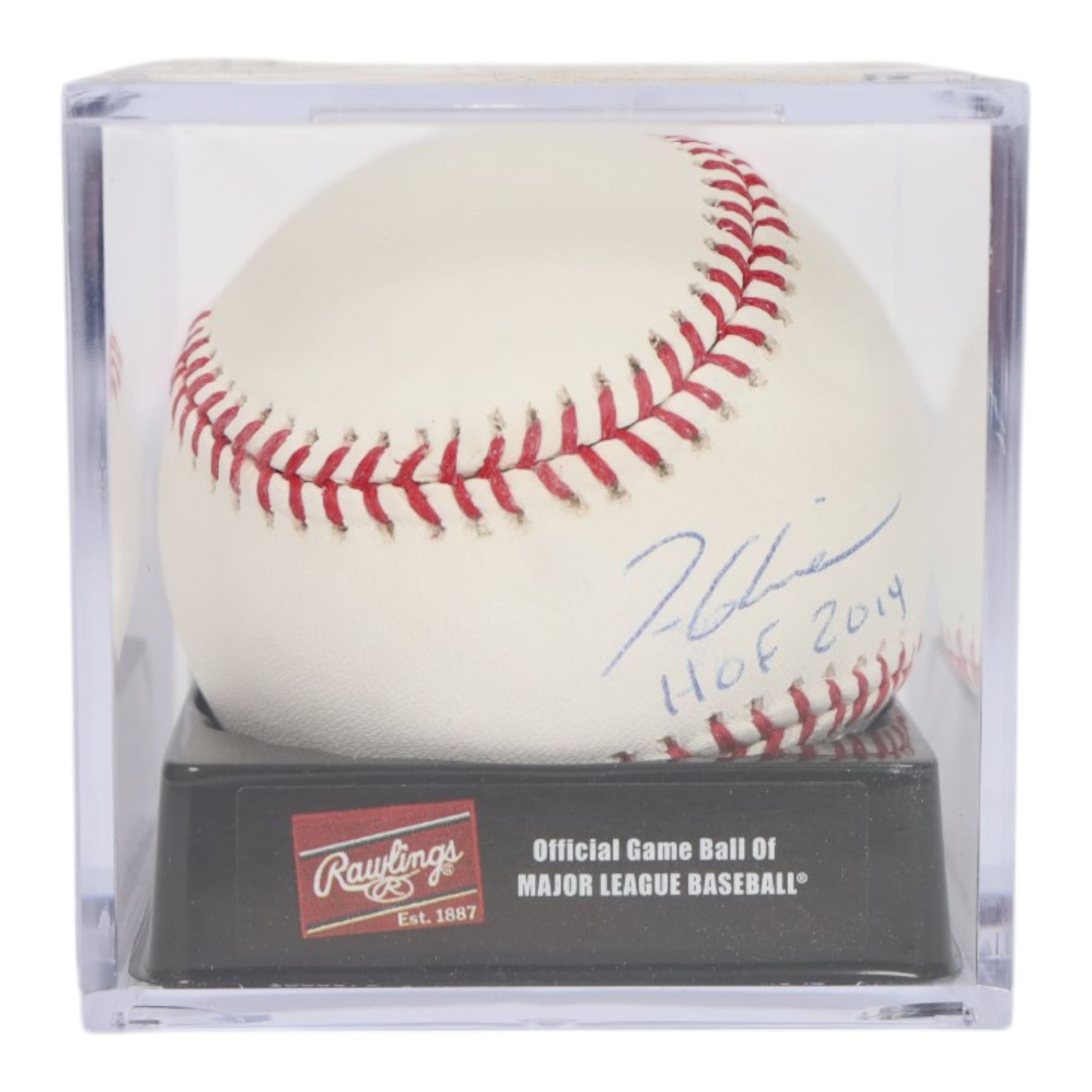 Signed Tom Glavine Rawlings baseball with HOF 2014 inscription, contained within an acrylic display box, with Field of Dreams hologram and certificate of authenticity 