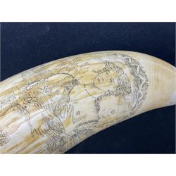 19th century scrimshaw sperm whale tooth from the whaler 'Dove' initialled J.A, Notes, Dove was a Union whaling boat, built at Newbury. Tt was scuttled as part of the Second Stone Fleet on January 25th-26th, 1862, in an attempt to block Charleston Harbor. The captain of the Dove was Captain James Wells Green Port. There were five members of the crew had the initials J.A, any of which could have created the scrimshaw.